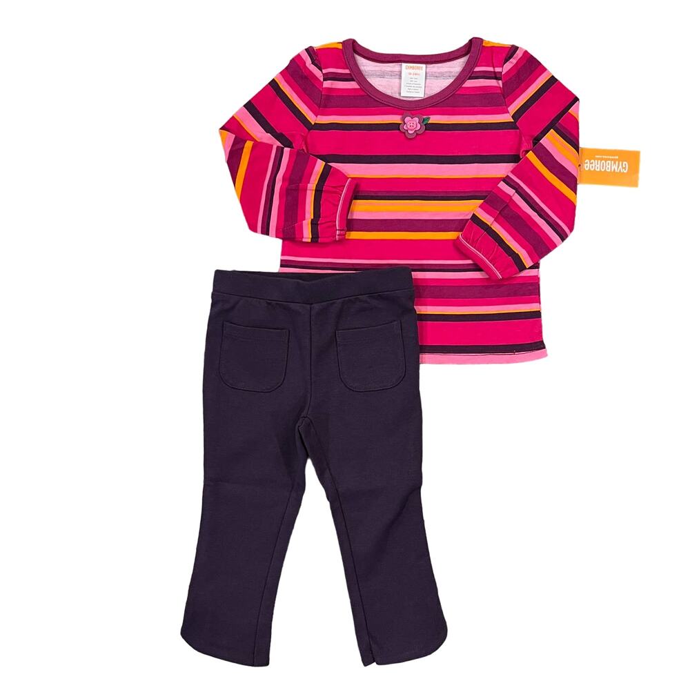 NWT Gymboree Pink/Purple Applique Flower Striped Top & Ponte Pants - 18-24M